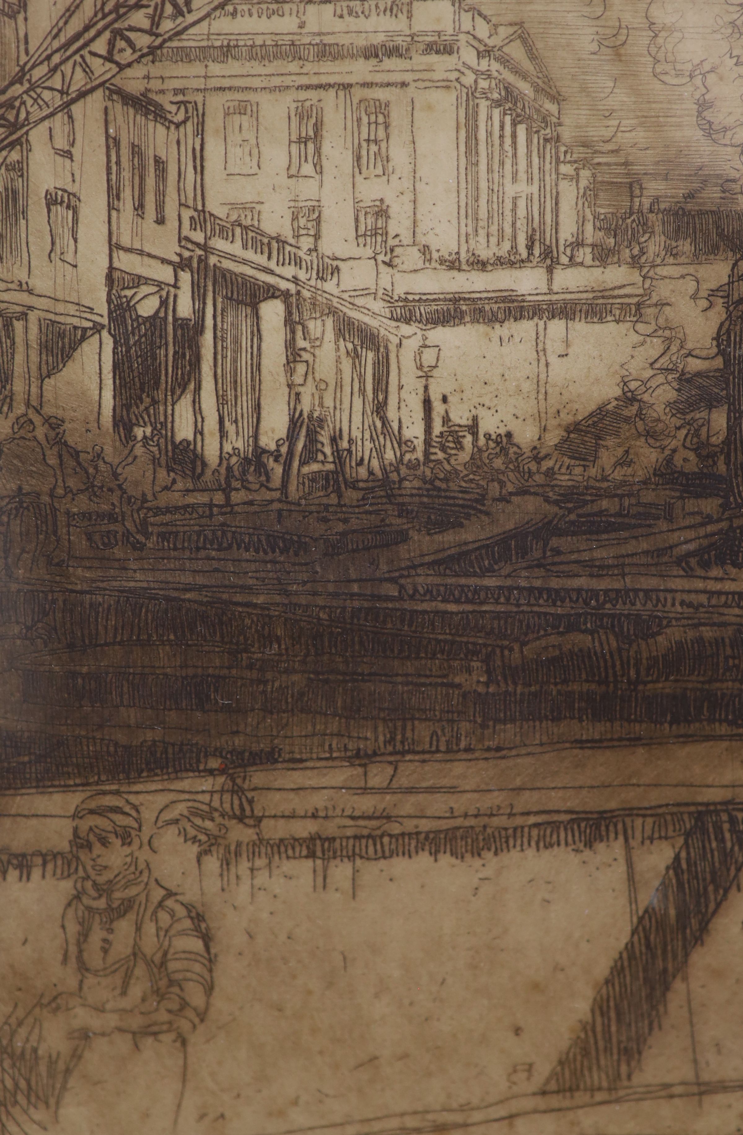 Frank Brangwyn, etching, Fishmonger's Hall, London 1904, an engraving after Charles Rossiter and two other framed prints